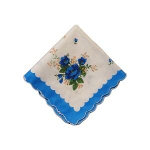 Linen Blue Poppies Floral Handkerchief Scalloped Cottage Core Bridesmaid Granny